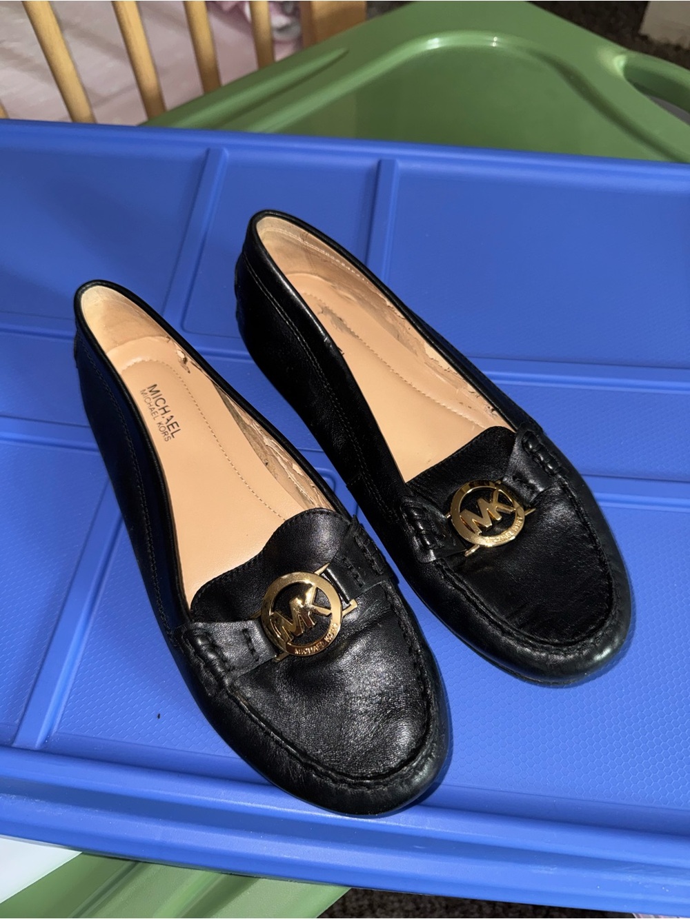 MICHAEL Michael Kors Black Leather Loafers with Gold MK Emblem